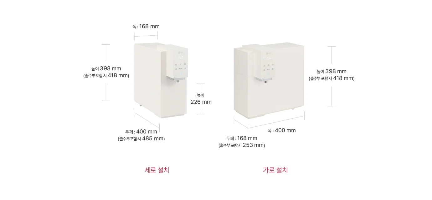 두 개의 정수기 설치 방식이 비교되어 있습니다. 첫 번째는 '세로 설치'로, 폭 168mm, 높이 398mm(출수부 포함 시 418mm), 두께 400mm(출수부 포함 시 485mm)입니다. 두 번째는 '가로 설치'로, 높이 398mm(출수부 포함 시 418mm), 폭 400mm, 두께 168mm(출수부 포함 시 253mm)입니다.